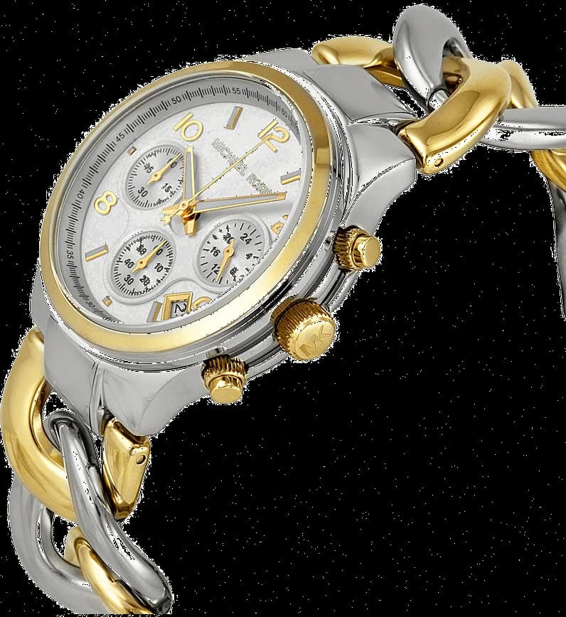 Cadran Michael Kors MK3199 affichage date à 3h, aiguilles dorées, index appliqués et logo signature