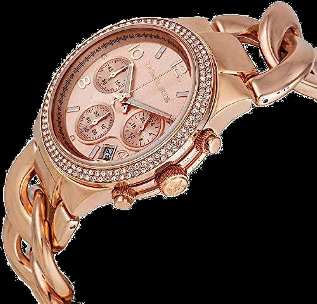 Cadran Michael Kors MK3247 avec index bâtons dorés et aiguilles squelettes, date à 3h