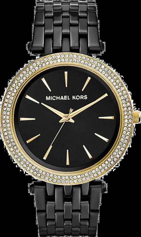 Montre Michael Kors MK3322 au cadran noir orné d'index dorés, aiguilles dorées et finition brossée élégante