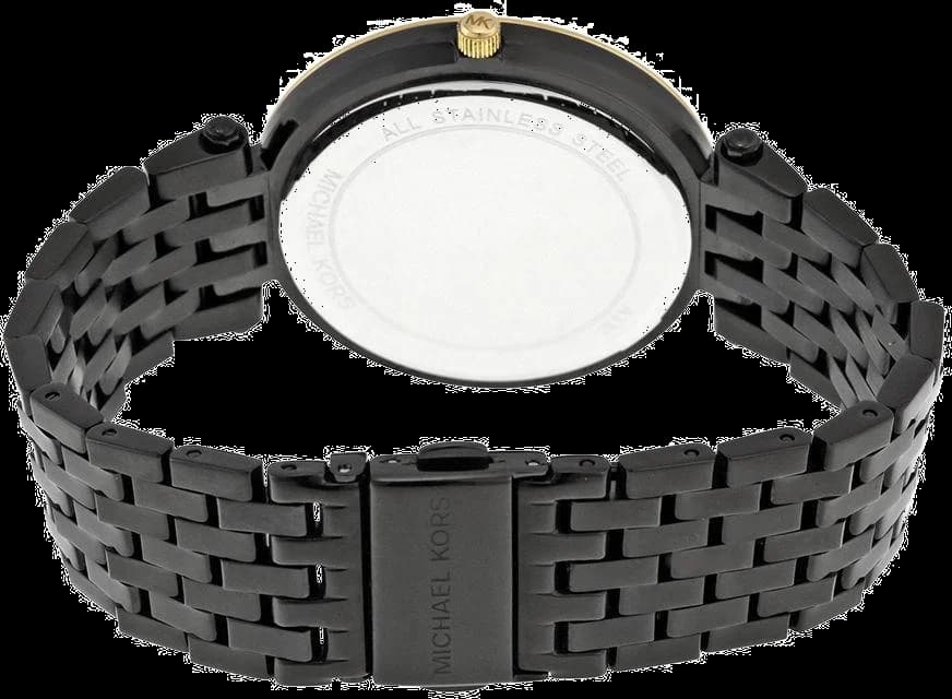 Bracelet Michael Kors MK3322 en acier noir et doré, maillons alternés brossés et polis, fermoir déployant double sécurité