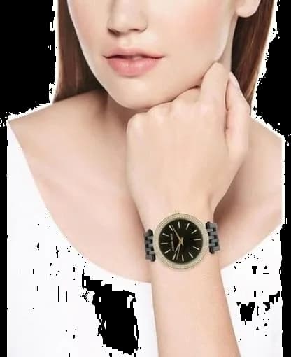 Boîtier Michael Kors MK3322 en acier noir et doré, lunette lisse polie, verre minéral, couronne crantée, profil fin