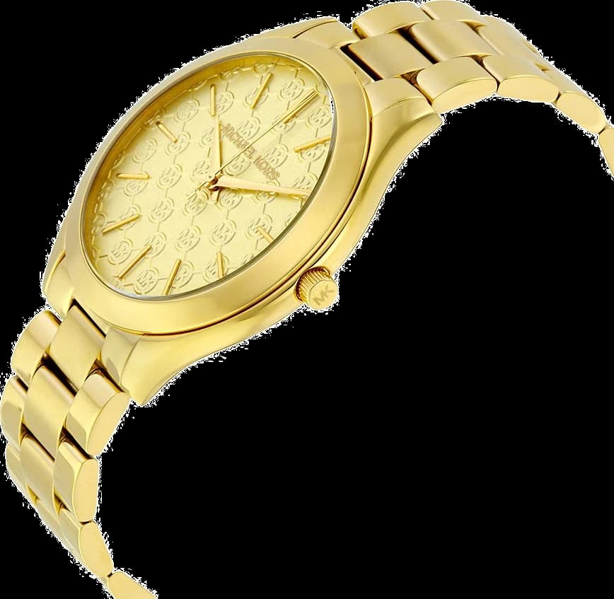 Cadran Michael Kors MK3335 avec index bâtons appliqués et aiguilles dorées, guichet date à 3h et couronne crantée