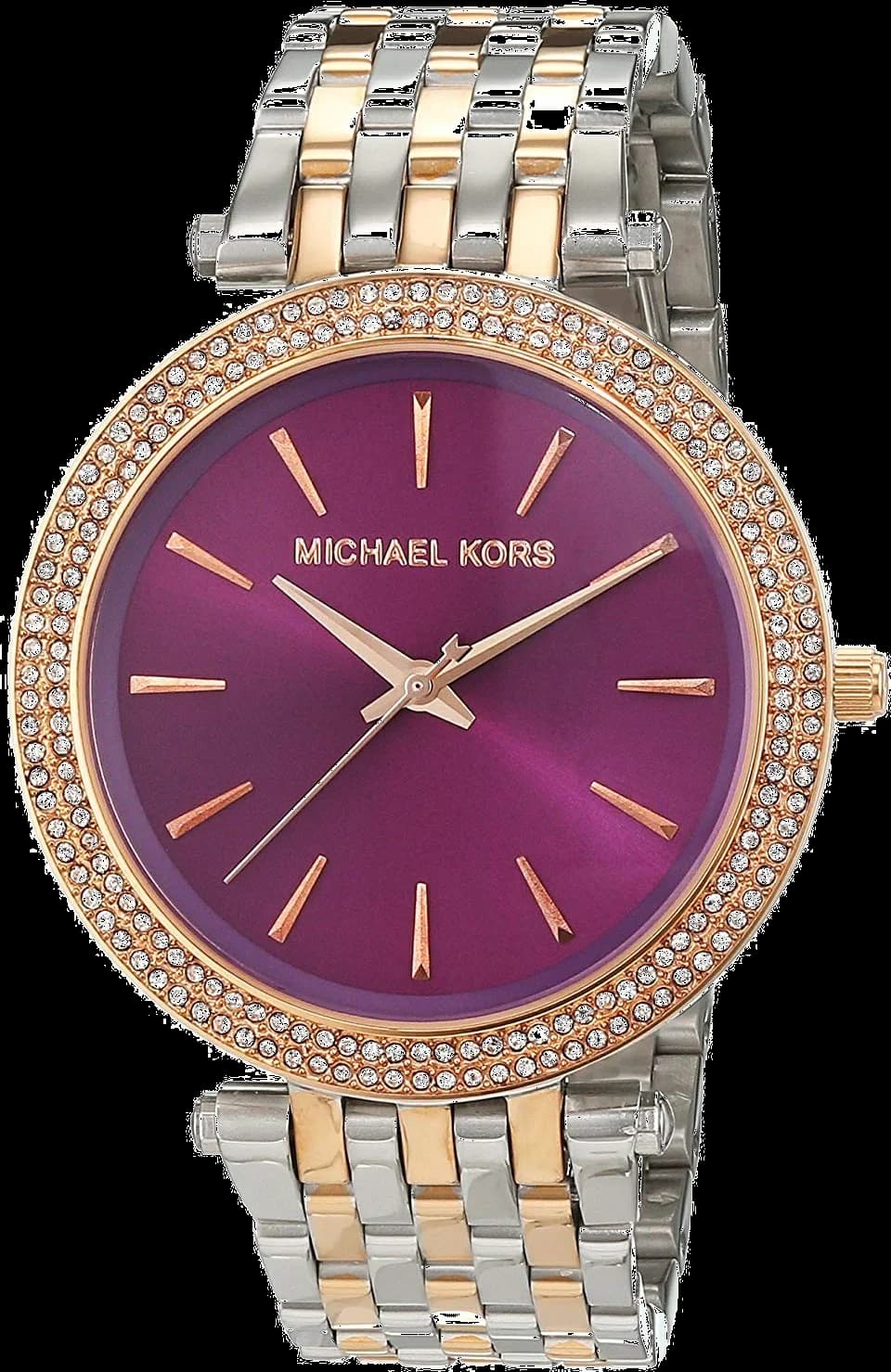 Montre Michael Kors MK3353 violette à index dorés et aiguilles dorées sur fond violet irisé, style chic et lumineux