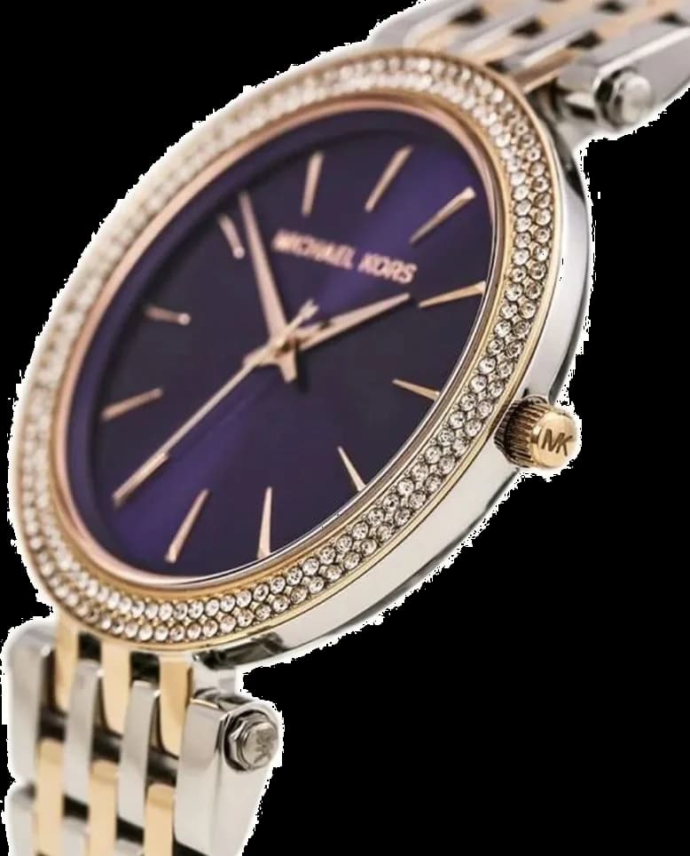 Cadran Michael Kors MK3353 violet à index appliqués et aiguilles dorées, date à 3h, finition soleillée élégante