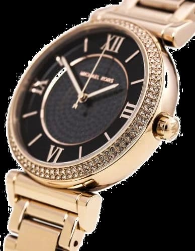 Cadran Michael Kors MK3356 avec index à cristaux, aiguilles dorées et date à 3h, design luxueux