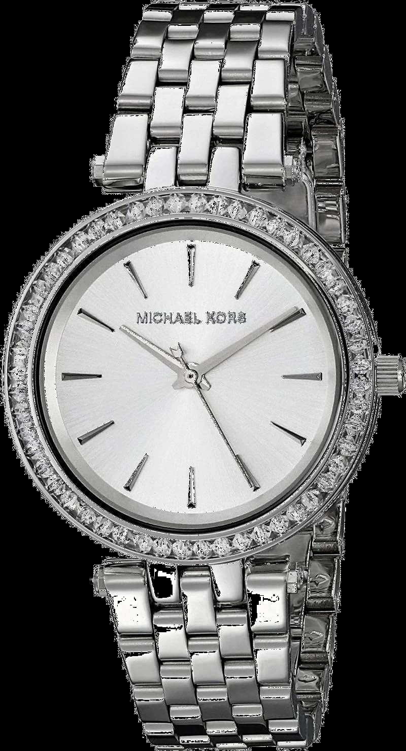 Montre Michael Kors MK3364 avec cadran blanc nacré, index ornés de brillants et aiguilles dorées, style élégant et raffiné