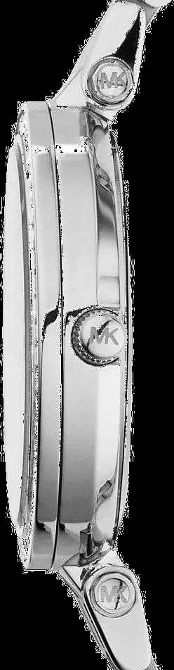 Cadran Michael Kors MK3364 blanc nacré aux index sertis de brillants, aiguilles dorées et date à 3h, luxe discret