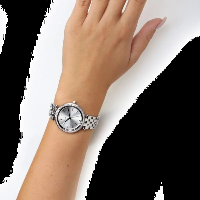 Boîtier Michael Kors MK3364 rond en acier doré, lunette lisse, verre minéral, profil fin et féminin