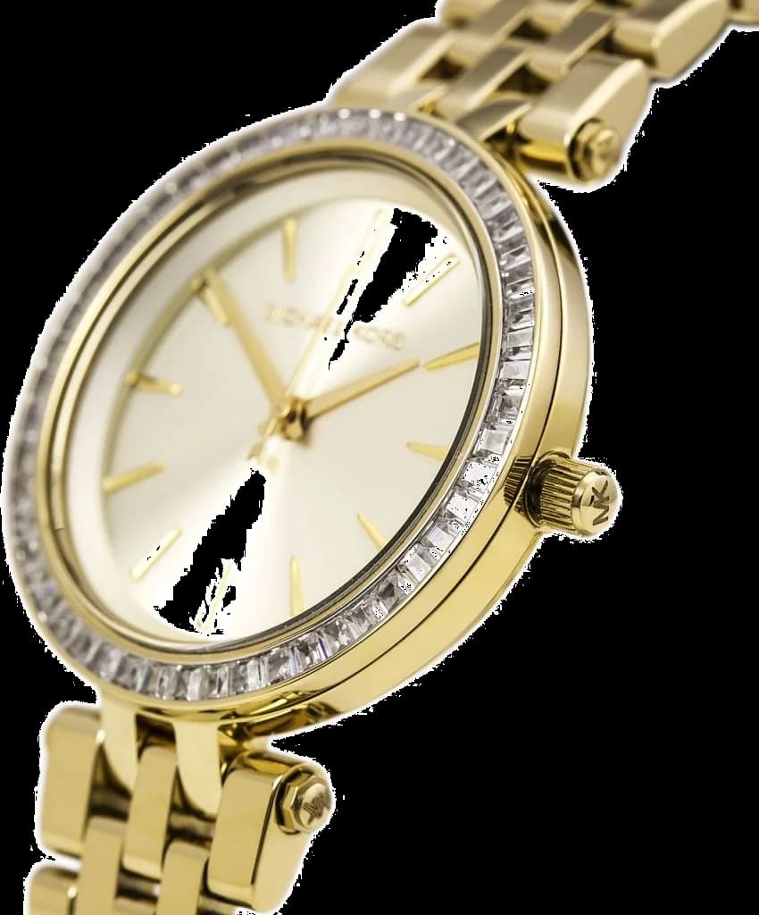 Cadran Michael Kors MK3365 avec index bâtons dorés, aiguilles dauphine et date à 3h