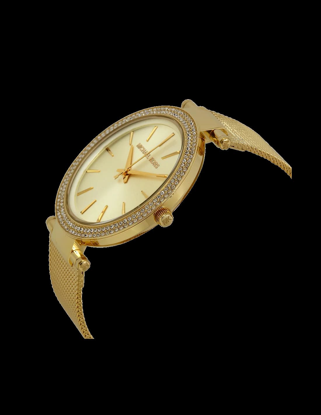 Cadran Michael Kors MK3368 présente un cadran blanc nacré avec index dorés, aiguilles bâtons et date à 3h, design classique
