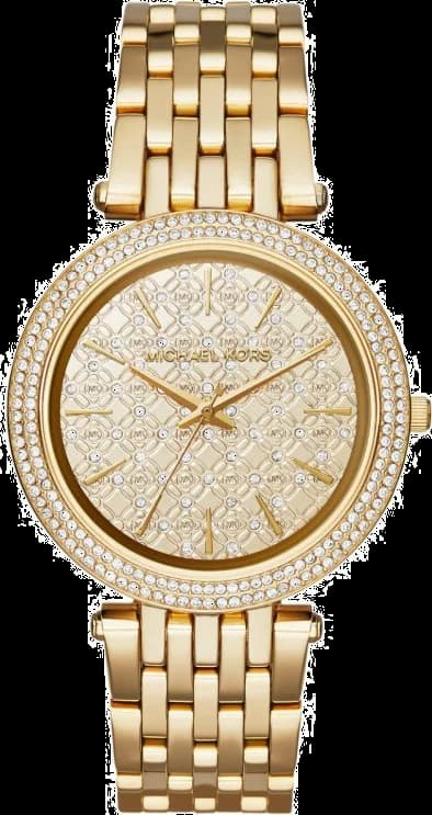 Montre Michael Kors MK3398 au cadran blanc nacré, acier doré jaune et lunette sertie de strass, style luxueux et féminin