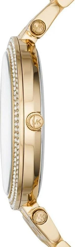 Cadran Michael Kors MK3398 blanc nacré avec index dorés et aiguilles bâton, date à 3h, finition élégante et raffinée