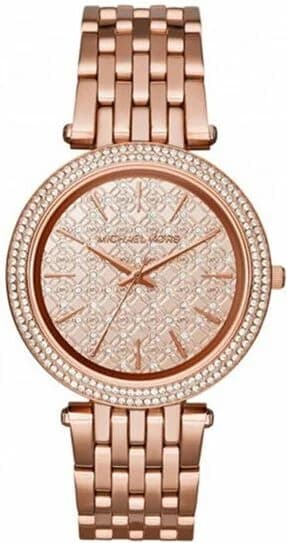 Cadran Michael Kors MK3399 avec index dorés appliqués, aiguilles dauphine et date à 3h, cadran scintillant