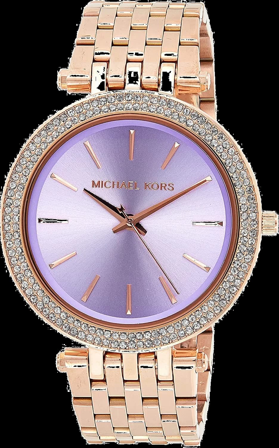 Montre Michael Kors MK3400 au cadran violet avec index dorés et boîtier en acier plaqué or rose, style glamour