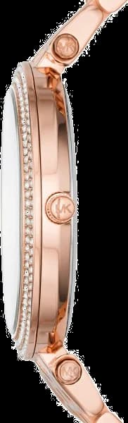 Cadran Michael Kors MK3400 avec aiguilles dorées, index bâtons et date à 3h sur fond violet soleil
