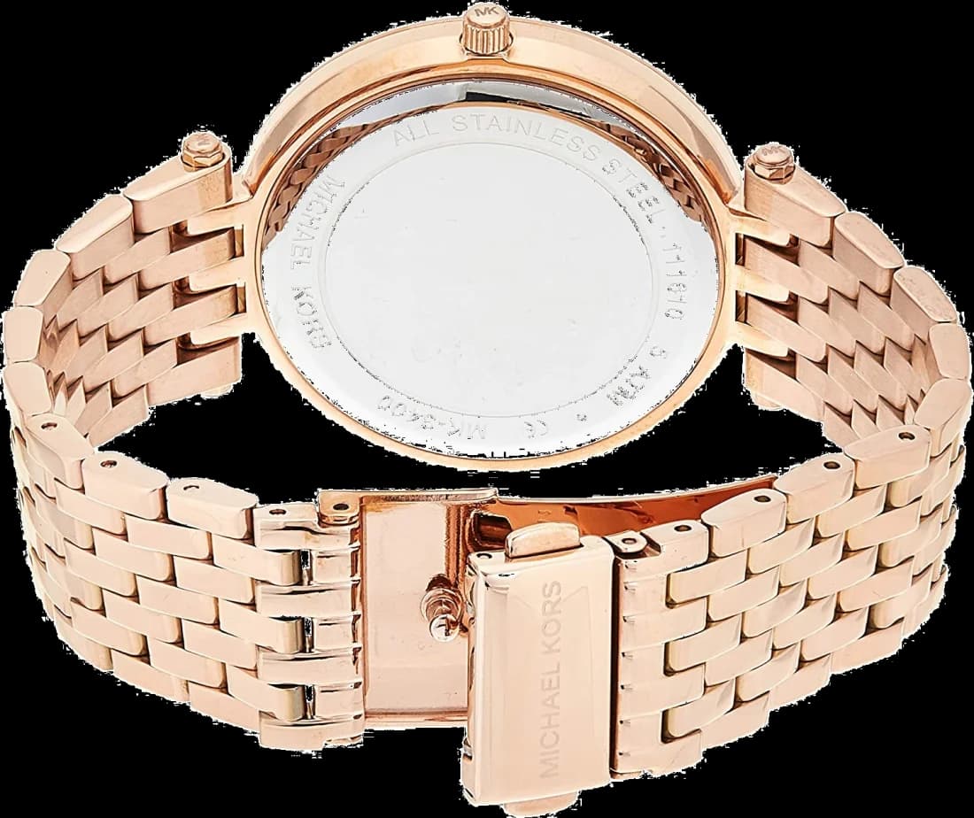 Boîtier Michael Kors MK3400 en acier plaqué or rose de 38 mm, lunette lisse, verre minéral, profil fin