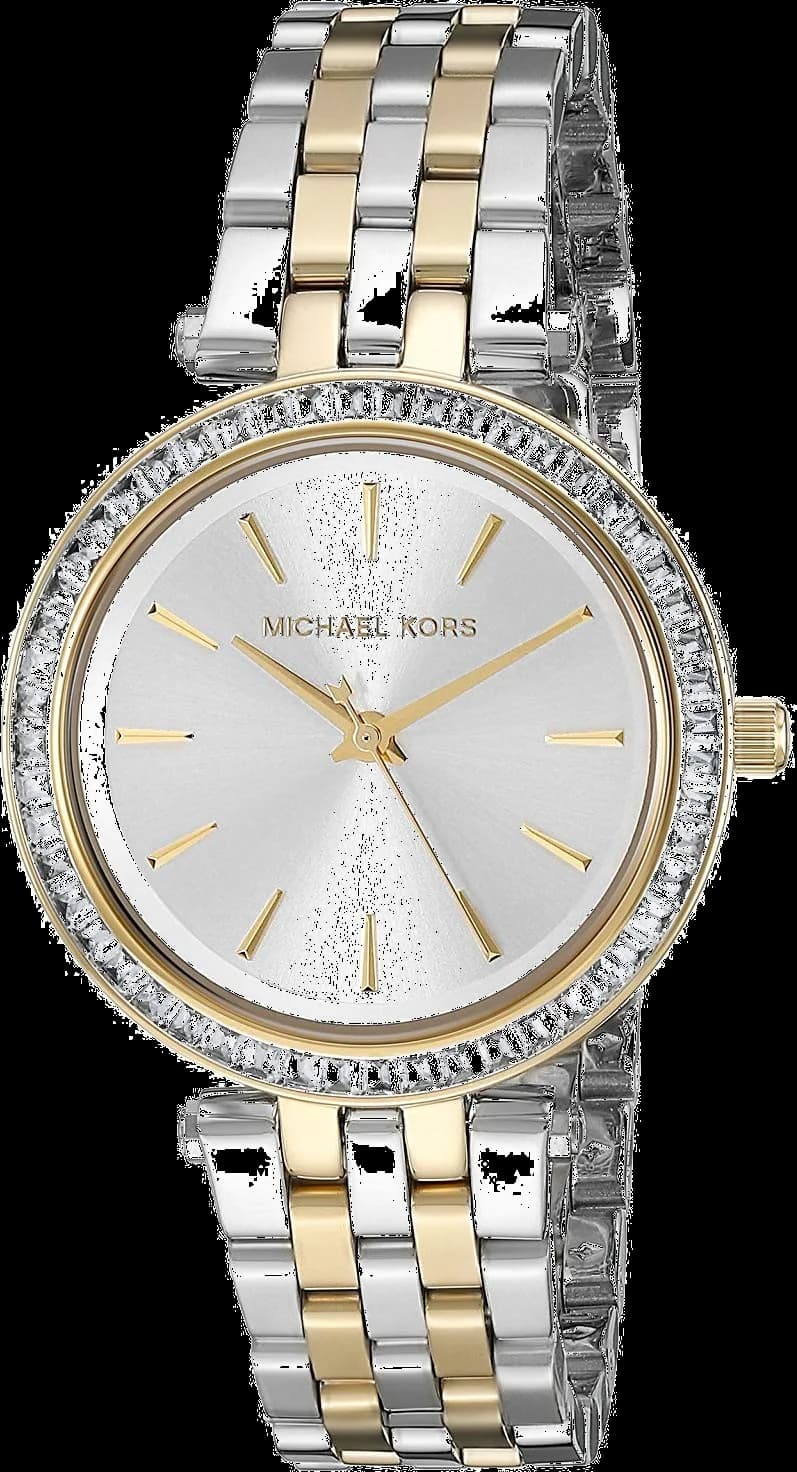 Montre Michael Kors MK3405 au cadran blanc nacré avec index dorés et aiguilles bicolores, style chic et féminin