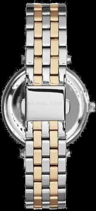 Boîtier Michael Kors MK3405 en acier bicolore 32mm, lunette lisse dorée, verre minéral, profil fin et sophistiqué