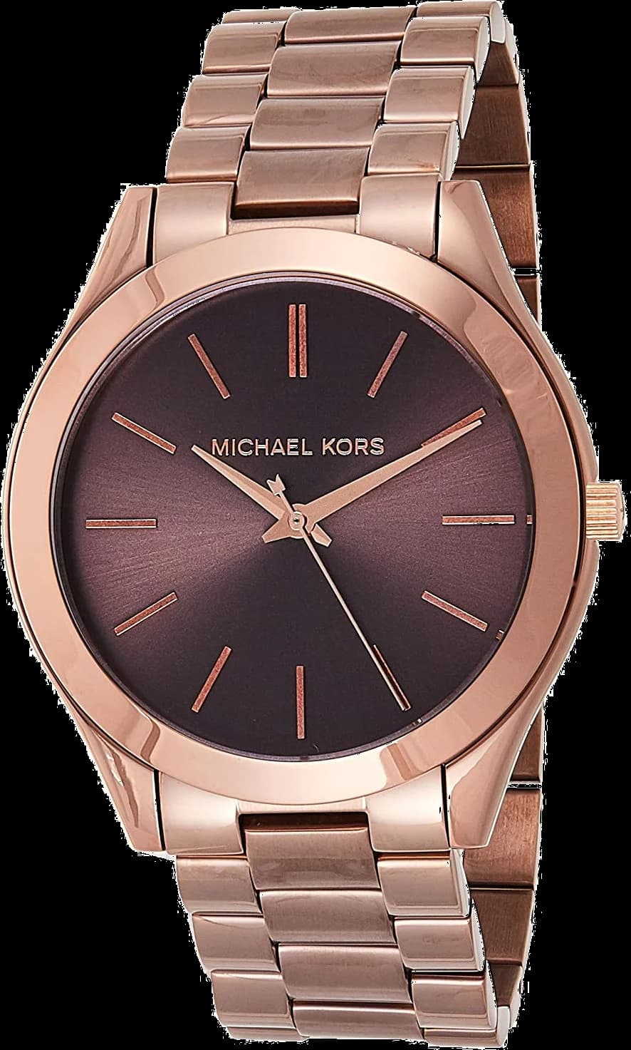 Montre Michael Kors MK3418 avec cadran marron soleil, aiguilles dorées et index bâtons, élégance intemporelle