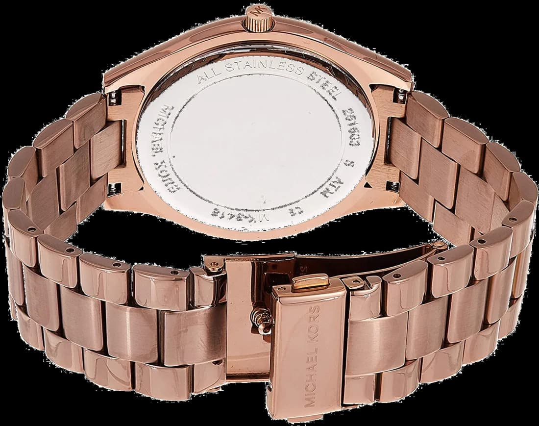 Bracelet Michael Kors MK3418 en acier inoxydable finition dorée rose, maillons ajustables, fermoir déployante sécurisé