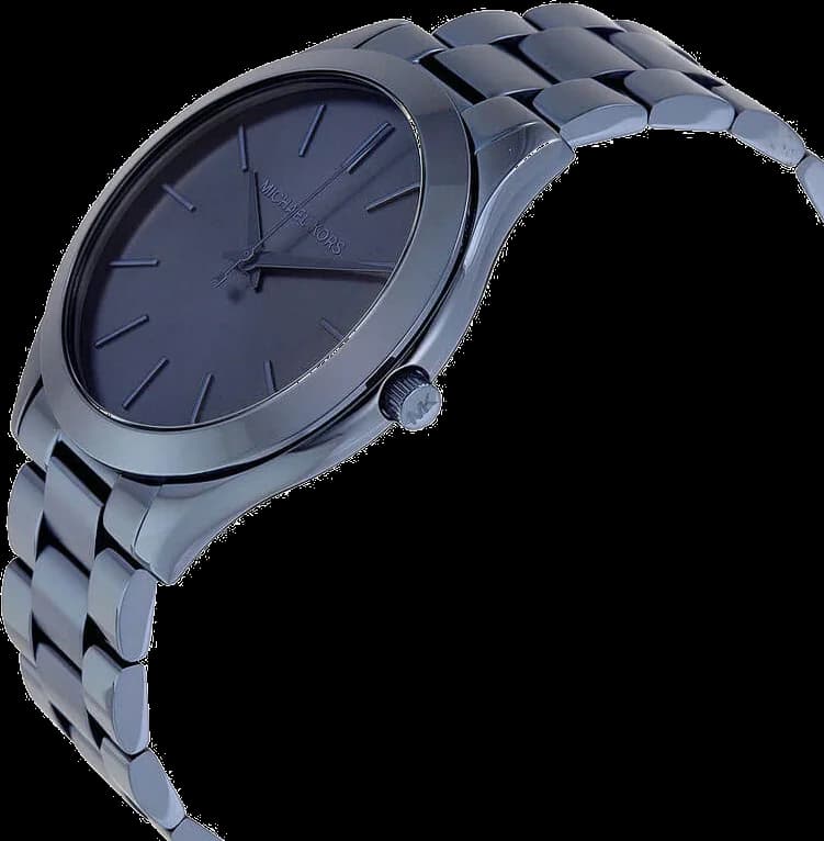 Cadran Michael Kors MK3419 au cadran bleu soleillé, index appliqués et date à 3h, aiguilles dorées