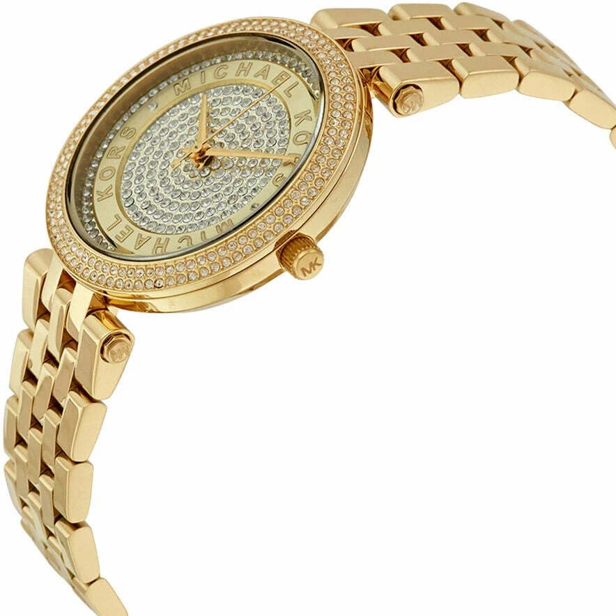Cadran Michael Kors MK3445 au cadran blanc avec index dorés, aiguilles dauphine et date à 3h, design raffiné