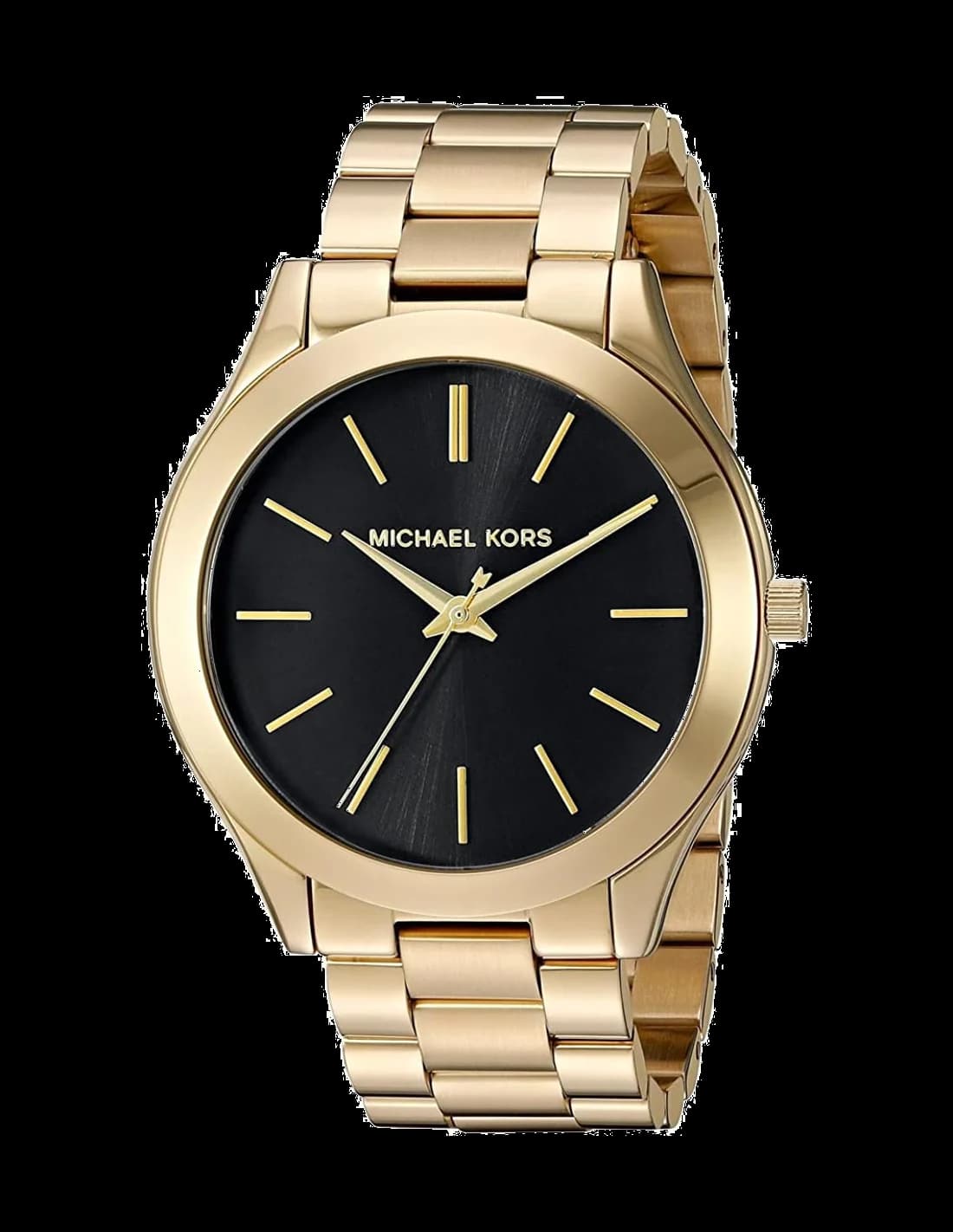 Montre Michael Kors MK3478 au cadran noir contrastant avec boîtier et bracelet acier doré, style chic et lumineux