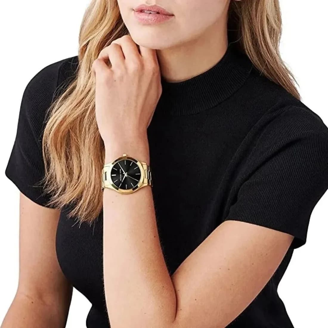 Boîtier Michael Kors MK3478 en acier doré, lunette lisse, verre minéral, profil fin, étanche 50m, allure sophistiquée