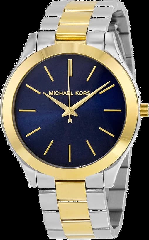 Montre Michael Kors MK3479 vue principale au design bicolore argenté et doré, cadran blanc avec index dorés et aiguilles dorées