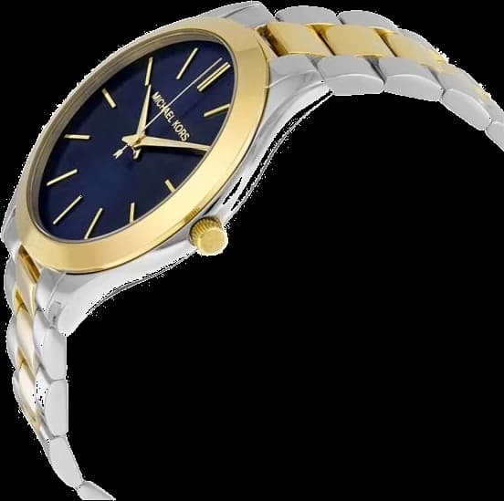 Cadran Michael Kors MK3479 détail du cadran blanc avec index appliqués dorés, aiguilles dorées et guichet date à 3h
