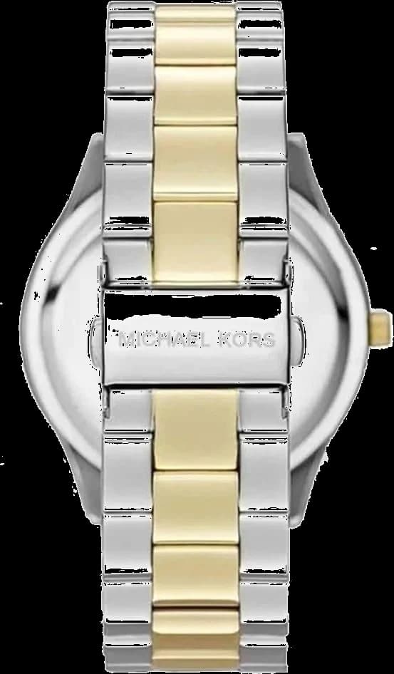 Boîtier Michael Kors MK3479 boîtier acier bicolore argenté et doré, lunette lisse, verre minéral, couronne crantée