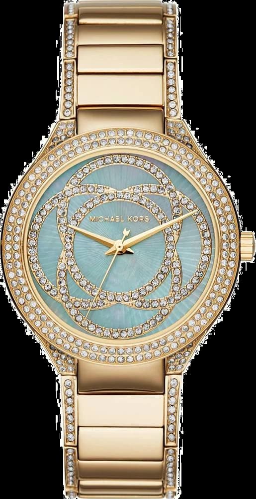 Montre Michael Kors MK3481 au cadran doré avec index en or rose et aiguilles bâton, style chic et lumineux