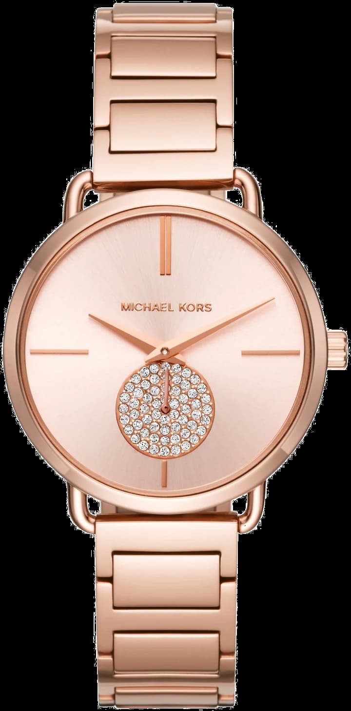 Montre Michael Kors MK3640 avec cadran blanc et index dorés sur fond soleillé, style chic et féminin