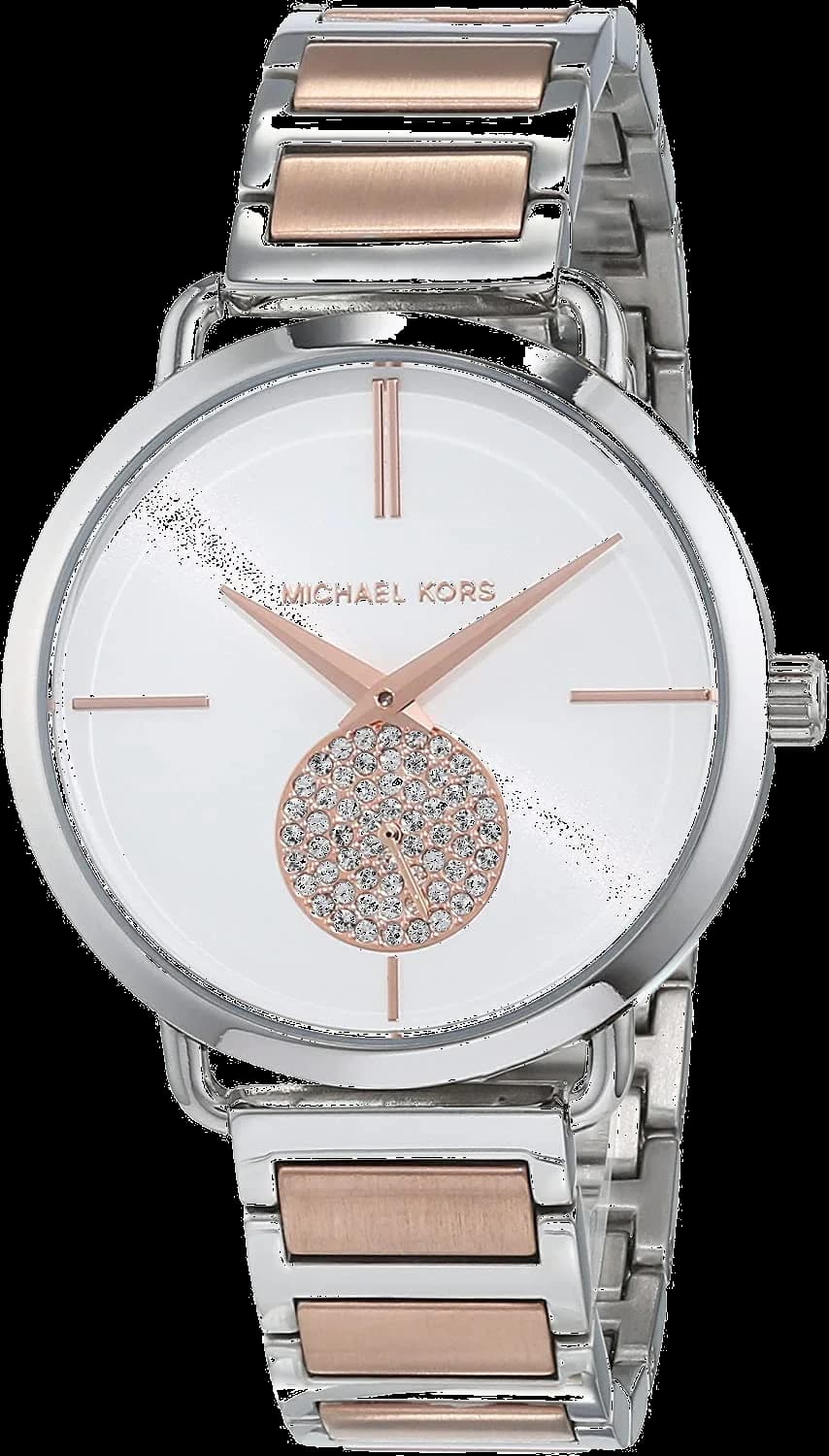 Montre Michael Kors MK3709 avec cadran doré soleil, aiguilles bâton et bracelet bi-ton acier pour un style chic et moderne