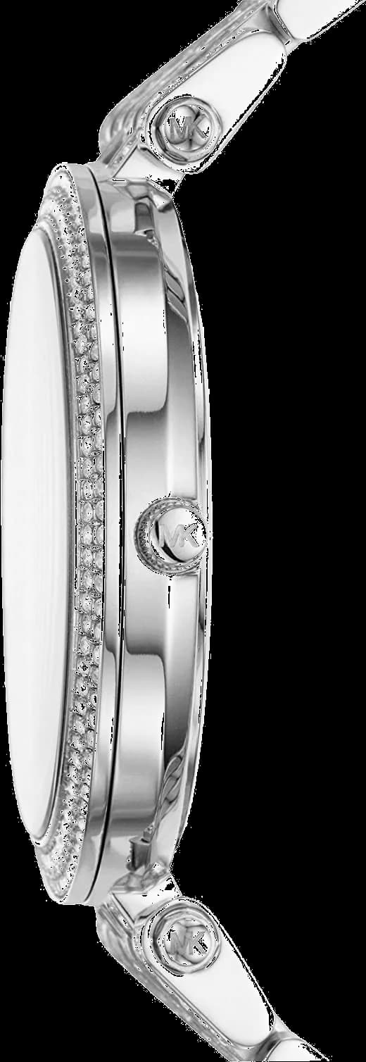 Cadran Michael Kors MK3779 blanc nacré orné d'index dorés et aiguilles bâton, date à 3h, élégance intemporelle