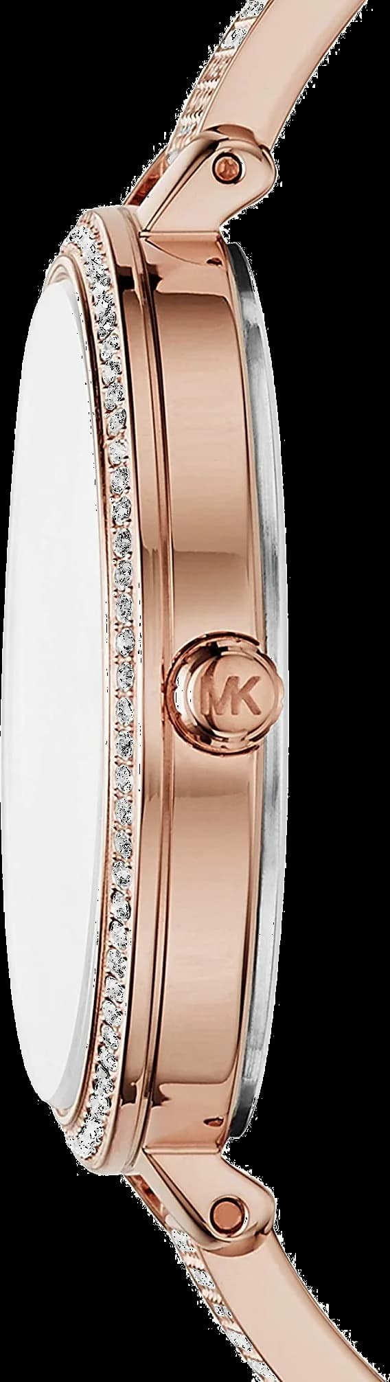 Cadran Michael Kors MK3785 blanc nacré avec index diamants, aiguilles or rose et date à 3h, élégance féminine
