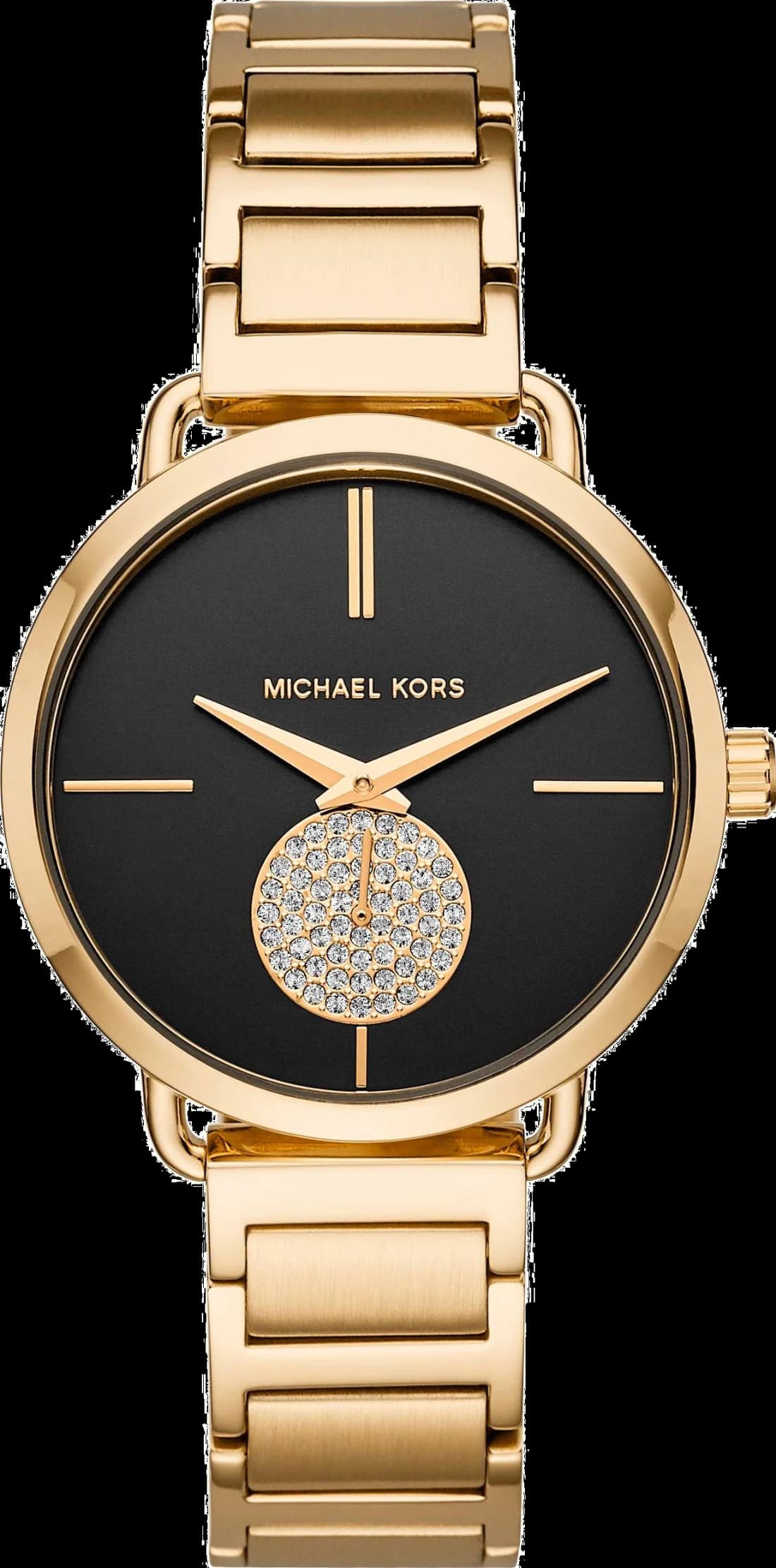 Montre Michael Kors MK3788 au cadran noir élégant et boîtier doré jaune, style chic intemporel