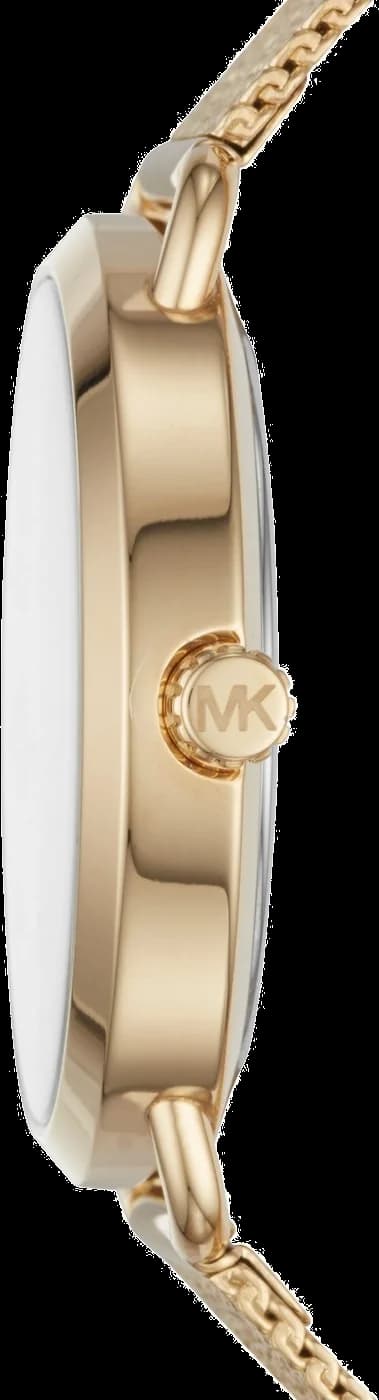 Boîtier Michael Kors MK3844 en acier inoxydable argenté, lunette lisse et profil fin, design élégant