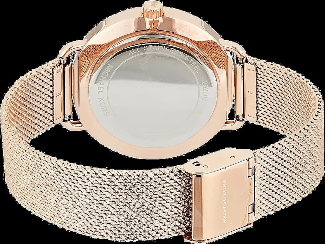 Bracelet Michael Kors MK3845 en acier or rose maille milanaise, fermoir déployante, finition brillante