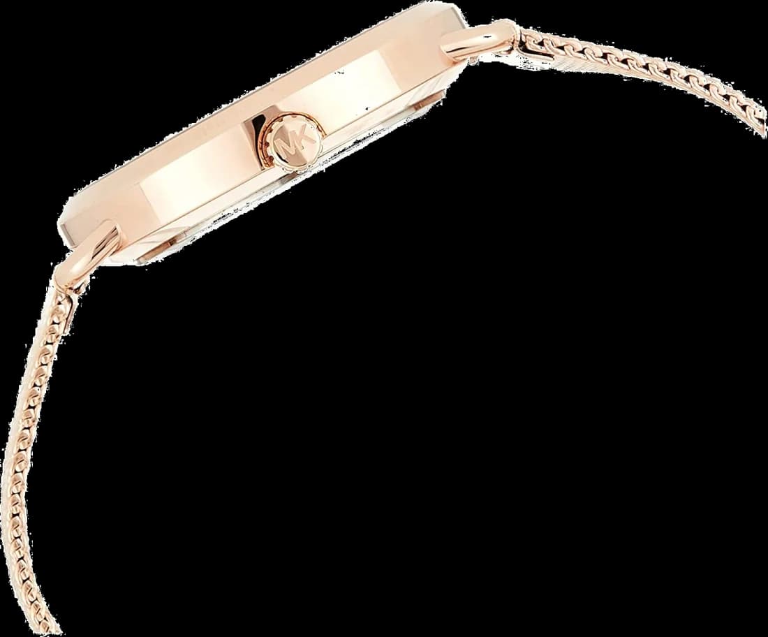 Boîtier Michael Kors MK3845 en acier or rose, lunette lisse, vue profil fin, étanche 50m