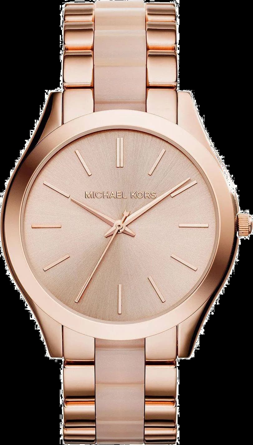 Montre Michael Kors MK4294 avec cadran blanc et index dorés sur bracelet acier or rose