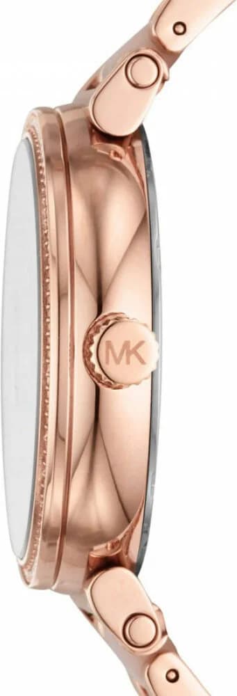 Cadran Michael Kors MK4336 aux index bâtons et aiguilles dorés, cadran rose avec date à 3h pour une lecture claire
