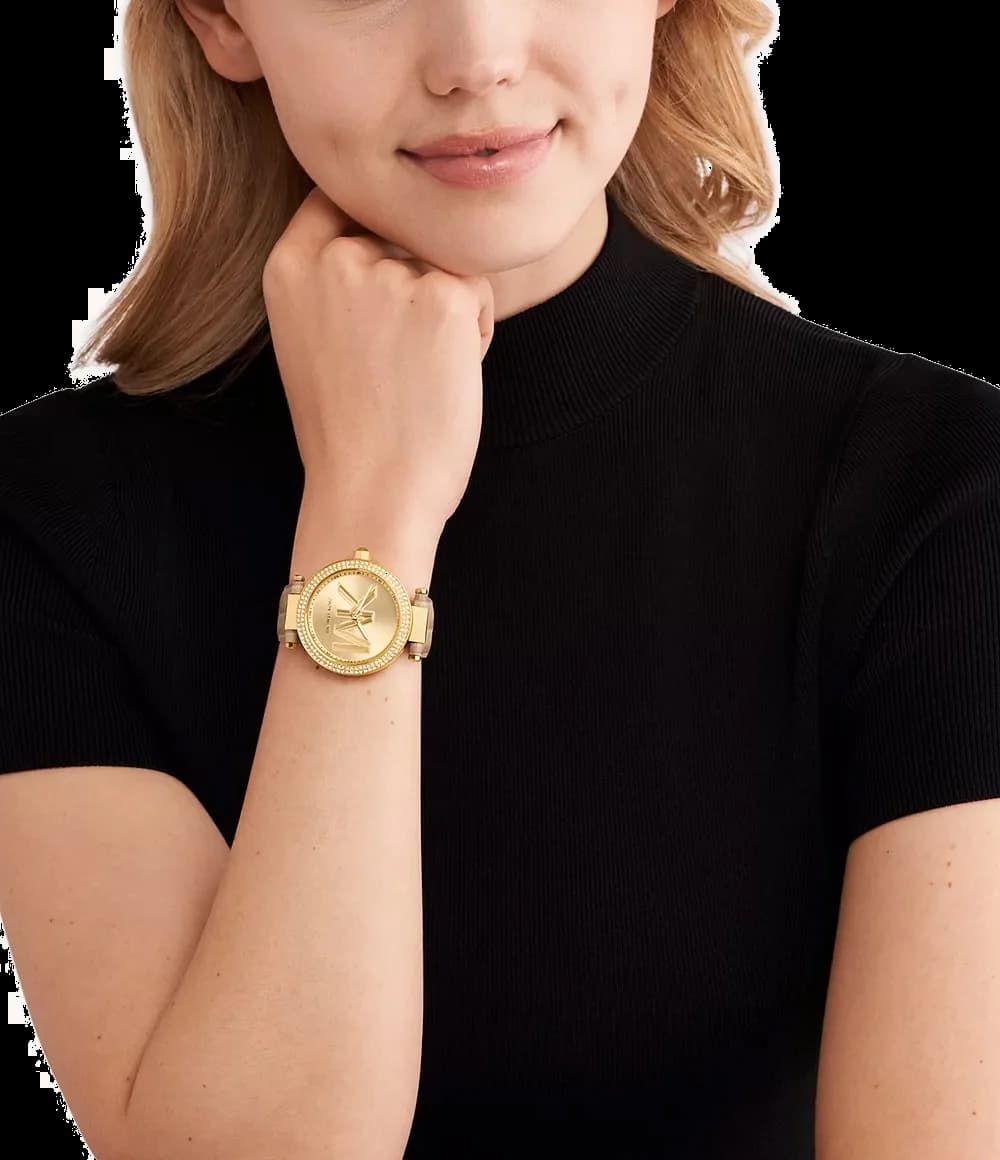 Bracelet Michael Kors MK4725 en cuir structuré beige, coutures contrastées et boucle ardillon dorée