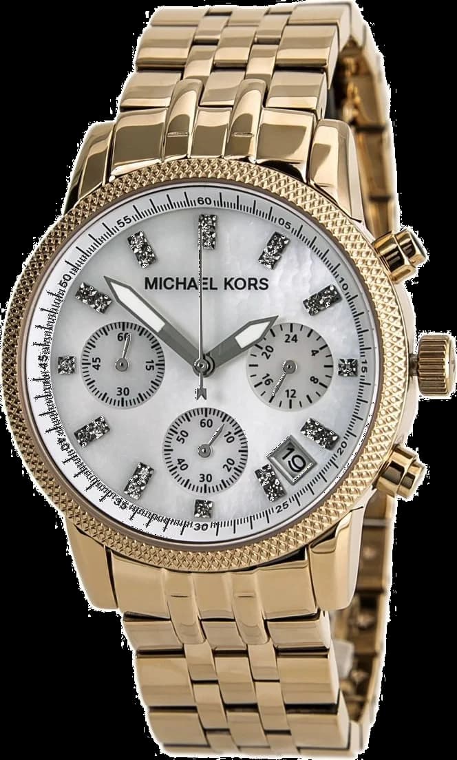 Montre Michael Kors MK5026 arbore un cadran or rose avec index dorés et aiguilles bâtons sur fond soleil pour un style chic et lumineux