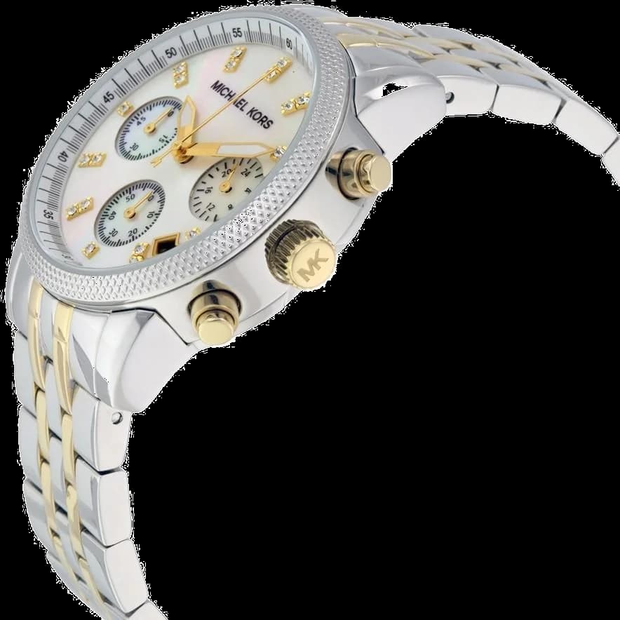 Cadran Michael Kors MK5057 au cadran nacre avec index bâtons dorés, aiguilles et guichet date à 4h30