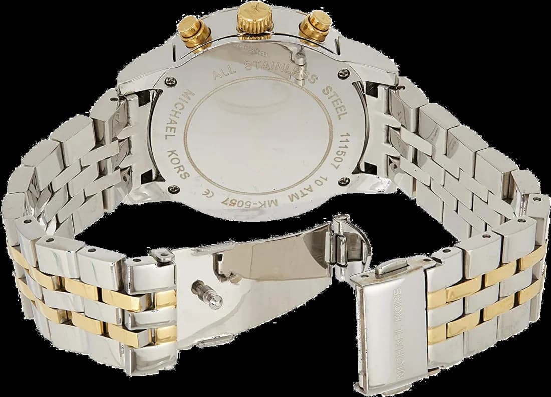Boîtier Michael Kors MK5057 en acier inoxydable doré et argent lunette lisse verre minéral vue profil