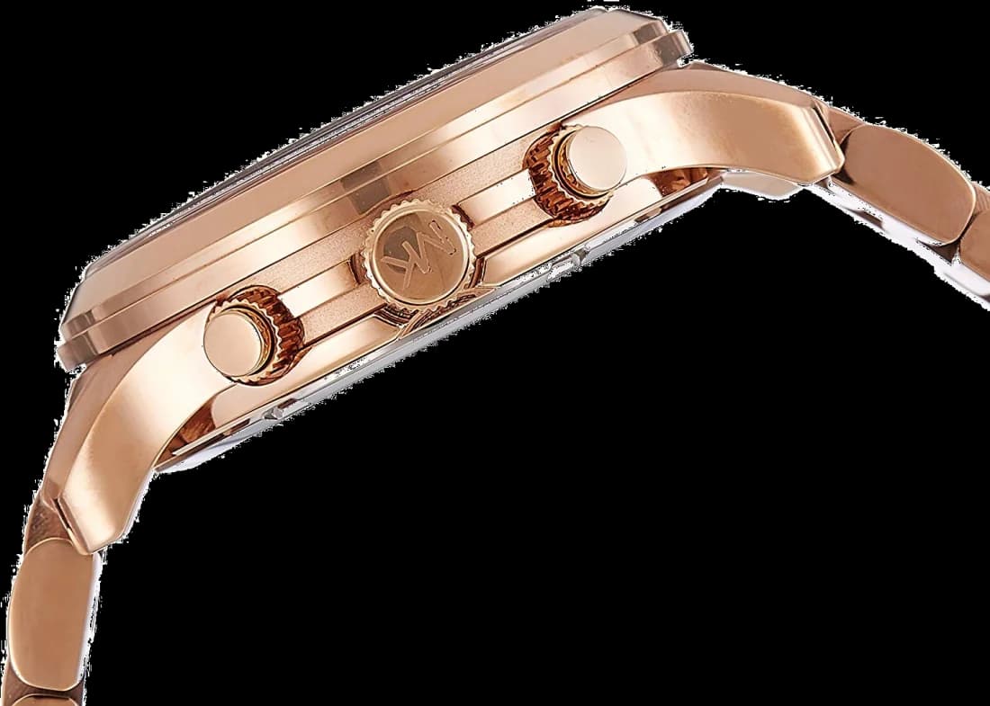 Cadran Michael Kors MK5128 avec index bâtons dorés et aiguilles squelettées, date à 6h