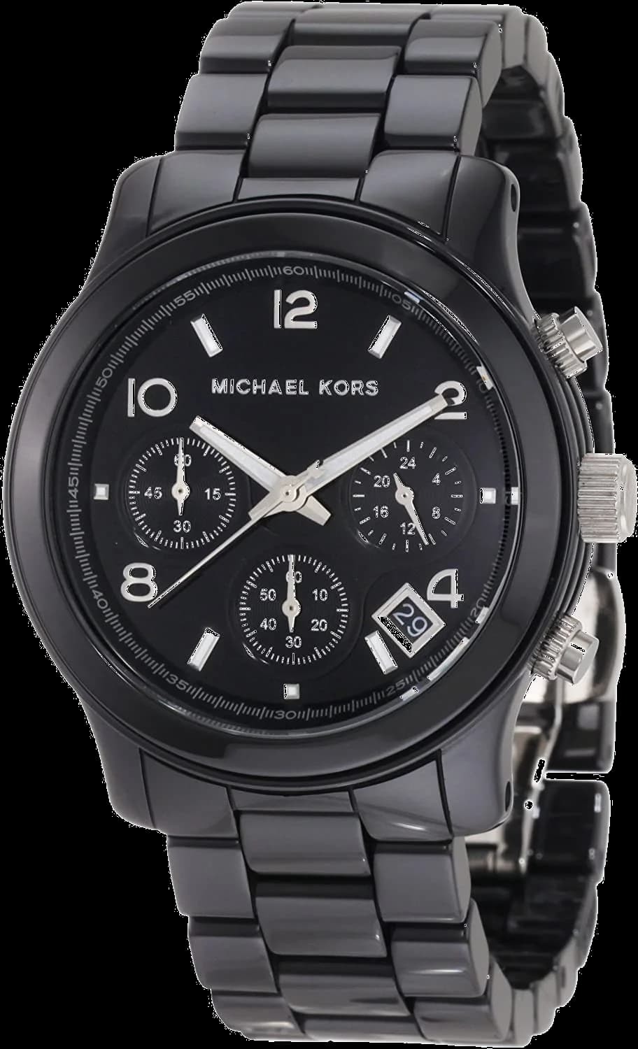 Montre Michael Kors MK5162 en céramique noire avec cadran noir et détails dorés, style chic et moderne