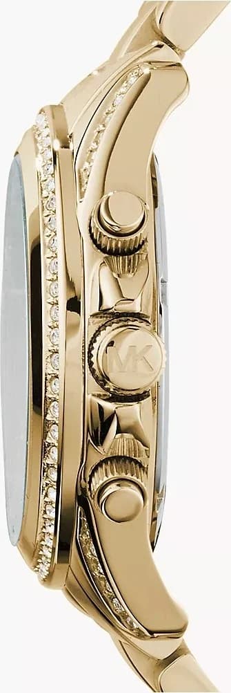 Cadran Michael Kors MK5166 détail du cadran champagne avec index appliqués, aiguilles dauphine, guichet date à 4h et trois sous-cadrans