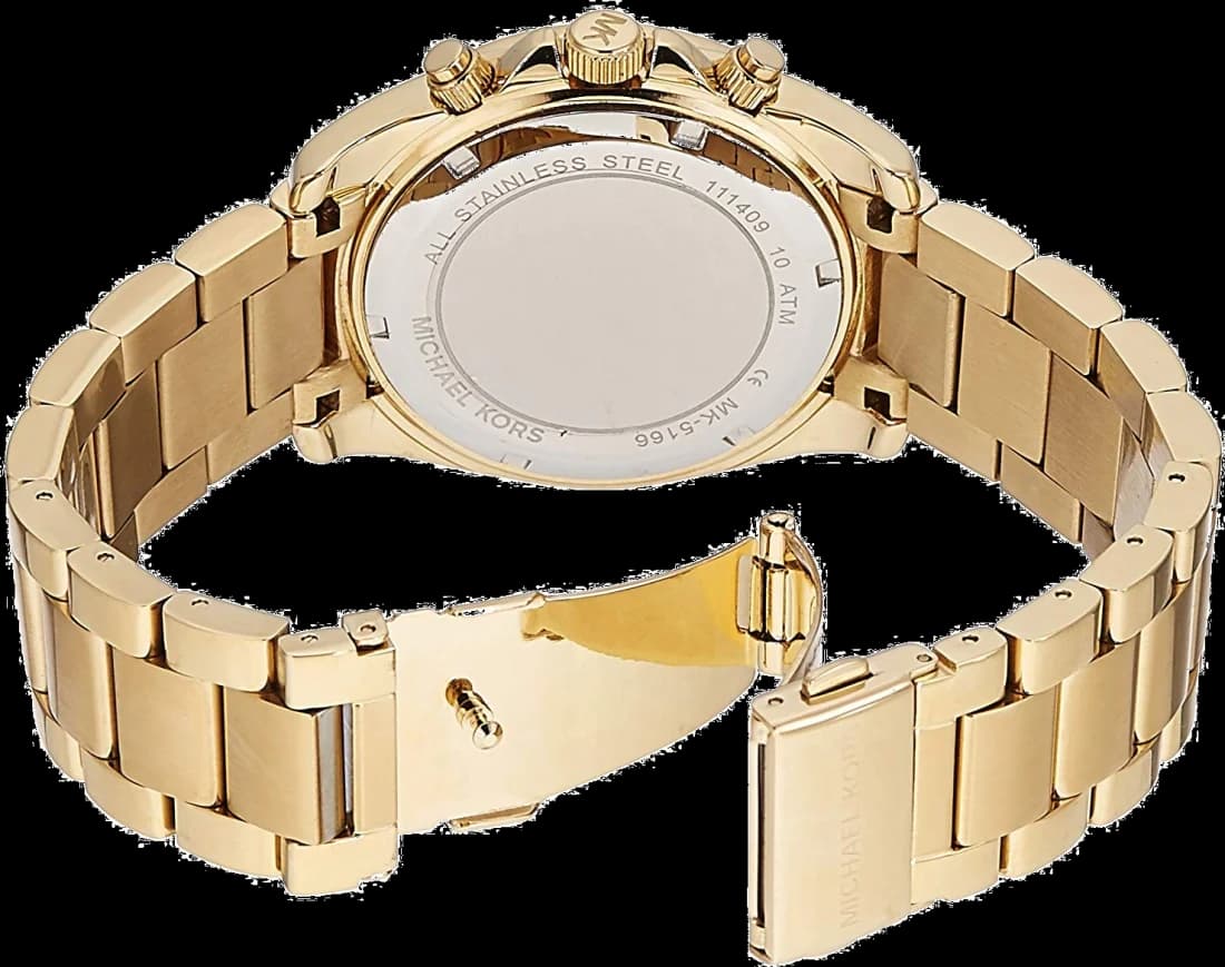 Bracelet Michael Kors MK5166 en acier doré avec maillons polis, fermoir déployant signé Michael Kors et maillons de sécurité